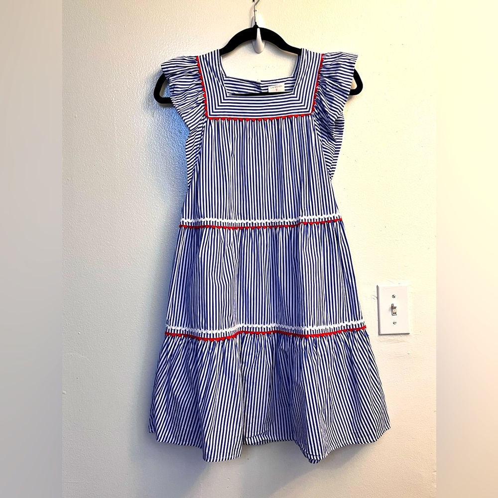 J. Crew Blue and White Striped Ruffle Sleeve Tiered Dress with Red Trim
